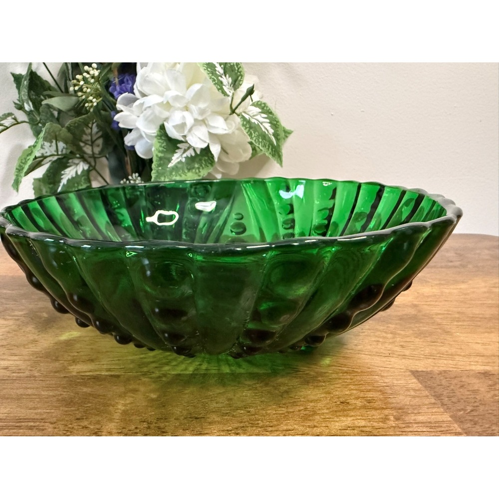 Vintage Emerald Green‎ Glass Swirl Bubble Pattern Bowl MCM Decorative Serveware